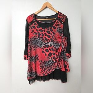 Kaktus Blouse Top Womens L Cheetah Leopard Print Red Goth Tulle